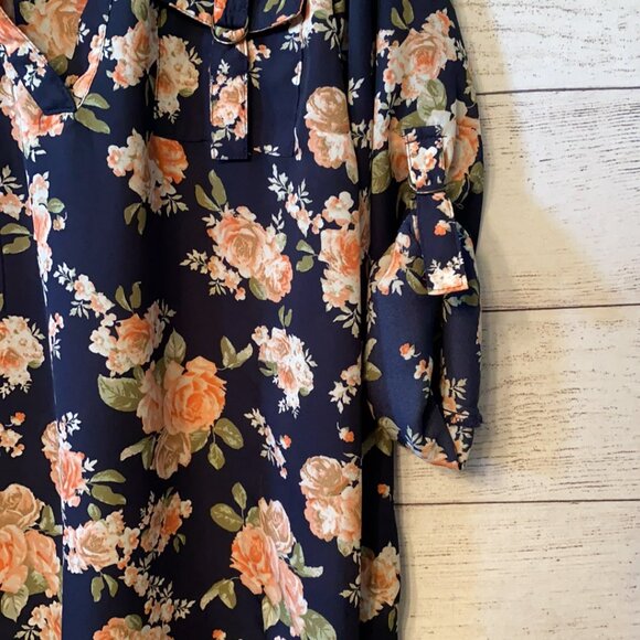 J for Justify Navy Blue and Vintage Floral Blouse Business Top Shirt Plus 1X - Picture 4 of 9